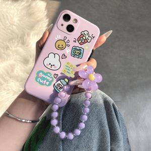 TEMU 아이폰 16 15 14, 13, 12, 11 프로 맥스, XS 맥스, X, XR, 8, 7, 6, 6S 미니, 플러스, 2022 SE용 비즈 장식이 있는 고양이 & 스낵 그래픽 폰 케이스, 생일 선물, , 남자친구, 친구 또는 자신을 위한 보라색 방탄 실리콘