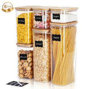 TEMU 6개 에어타이트 플라스틱 보관용기, 나무 뚜껑, 투명 식품 보관용기, 밀폐.bamboo 뚜껑, 면류, 밀가루, 곡물, 쌀, 설탕, 차, 커피, 스파게티, RV 조직 필수품!