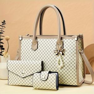 TEMU 3pcs 세트 우아한 핸드백 세트, 큰 용량 토트 백, 어깨 스트랩, 지퍼 클로저, 폴리에스터 안감, 페인트 엣지, 패션 그리드 패턴, 동전 지갑 및 카드 홀더 포함 - 블랙/카키/지구 노란색