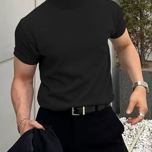TEMU MBDMBD 남성 캐주얼 크루넥 티셔츠 - 폴리에스테르 블렌드, 폴리에스테르 95% 엘라스테인 5%, 중간 신축성 니트 원단, 여름용 레귤러 핏 반팔 상의, 편안한 단색 기본 티셔츠