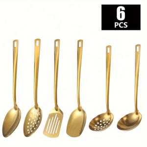 TEMU 2pcs/6pcs 스테인리스 스틸 주방 용품 세트 - 나누어진 서빙 스푼, 나누어진 슬롯 스푼, 플랫 주걱, 프라이팬 슬롯 주걱, 수프 국자, 스트레이너 포함 - 가정 요리, 휴일 파티, 레스토랑 사용에 적합 (골드/블랙/실버)