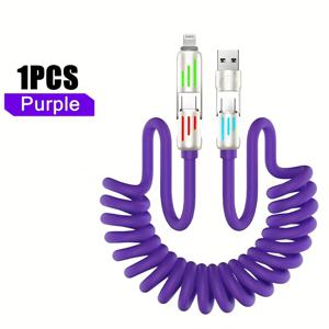 TEMU 100W Max Breathing Light 4-in-1 고속 데이터 케이블, 여행, 자동차 충전, 봄 텔레스코픽 충전 케이블, 삼성, 샤오미, 원 플러스, 화웨이, 오피, 아이폰 15 14 11 8 7 6 및 아이패드 시리즈 제품 충전