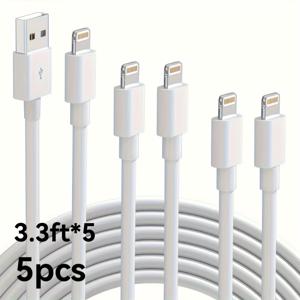TEMU 5개 LAIHONEN 번개 USB-C 빠른 충전 케이블, 6피트 - 내구성 및 꼬임 없는 아이폰 12/11 프로/XS MAX/XR/8/7/6s/6/5S/SE 및 아이패드 프로용 - 고속 데이터 동기화 및 안전한 충전, 배터리 없이 충전, KADIXI