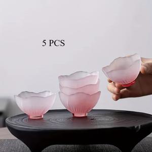 TEMU 5pcs Frosted Pink Cherry Blossom 일본 차 컵, 유리 재질, 가정용을 위한 우아한 디자인 | 사쿠라 디자인 | 장식용 컵