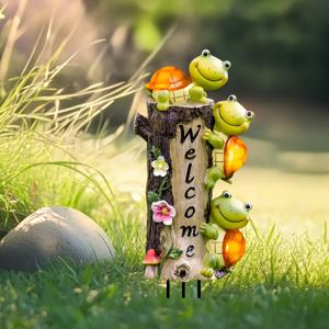 TEMU 매력적인 거북이 환영 정원 조각상 - 미소 짓는 개구리와 컬러풀한 버섯이 있는 기발한 야외 장식품, 마당과 잔디밭, 결혼식에 완벽, 전기 필요 없음, 내구성 있는 플라스틱 디자인, 유쾌한 디자인, 동화 테마, 생생한 색상, 나무처럼 보이는 받침대, 2D 평면