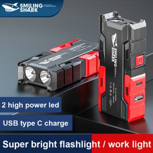 TEMU 1pc 스마일링 샤크 SD-0712A USB 충전식 손전등, 2개의 LED를 갖춘 야외 토치 라이트, 파워 뱅크 기능이 있는 슈퍼 손전등, 스피커 핸드헬드 플래시 라이트, 비상 상황용 포켓 휴대용 토치 라이트|보조배터리|후레쉬