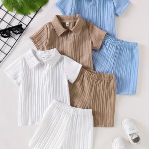 TEMU 6pcs 여름 어린이 패션 티셔츠 & 반바지 세트 - 흰색, 파란색, 갈색 줄무늬 상의 & 매칭 반바지, 캐주얼 폴리에스터, 반팔, 반 플랙, 가벼우면서 편안한 야외 놀이 & 일상 착용, 어린이를 위한 이상적인 선물, 캐주얼 여름 착용 | 세련된 어린이 의상 | 폴리에스터 원단, 어린이 의류