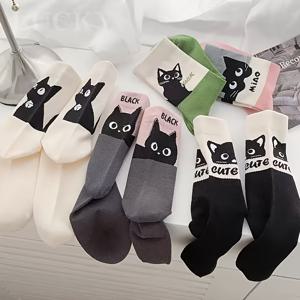 TEMU 5켤레 여성용 귀여운 고양이 미드캐프 양말 - 통기성 좋은 편안함, 