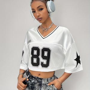 TEMU 여성용 Y2K 레트로 스트리트웨어 축구 저지 크롭탑 - V넥 숏 슬리브 89 넘버 & 스타 프린트, 메쉬 패널, 봄 여름 가을 캐주얼 착용용 통기성 원단, 귀여운 반팔 탑, 스포츠 팬 의류, 스포티 디자인, 질감 있는 소재