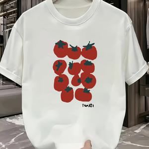 TEMU 여성용 Y2K 스타일 만화 토마토 프린트 반팔 티셔츠 - 슬림핏 크루넥 상의 봄/여름/가을용, 경량 폴리에스터 티, 캐주얼 웨어 티 | Y2K 패션 | 광택 있는 원단
