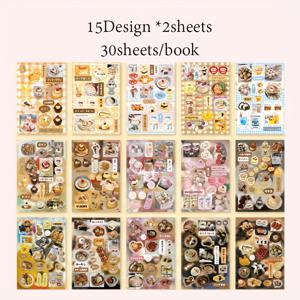 TEMU 30장 레트로 디저트 테마 스티커 책 - Scrapbooking, 일기 및 DIY 공예용으로 , 컵케이크 및 달콤한 디저트 디자인 - 내구성이 뛰어난 폴리에틸렌 테레프탈레이트, 자체 접착, 반짝이는 마무리, 일기 스티커|디저트 스티커|가리키한 마무리