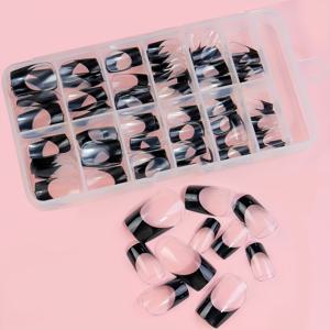 TEMU 120개 스퀘어 프렌치 네일 아트 인조 네일, 블랙 투명 네일, DIY 기본 매니큐어 착용 가능한 네일 팁