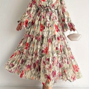 TEMU 우아한 꽃무늬 긴팔 카프탄 드레스 - 캐주얼 폴리에스터 맥시, 허리끈 디테일, 세탁기 사용 가능 - 사계절 내내 완벽함
