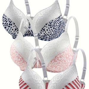 TEMU 3pcs 여성용 플러스 섹시한 , 플러스 사이즈 보우 장식 꽃 무늬 & 줄무늬 & 표범 인쇄 대비 레이스 언더 와이어