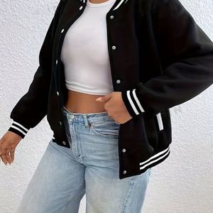 TEMU EZwear 플러스 사이즈 여성용 빈티지 베이스볼 재킷 - 트림 드롭 숄더 디자인, 블랙 & 화이트 캐주얼 롱라인 봄버 코트 가을/겨울용, 싱글 브레스트 버튼 프론트, 우아한 스페셜 컬렉션, 캐주얼 아우터웨어 | 리브드 커프스