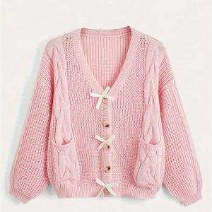 TEMU 여성 패션 니트 가디건, 캐주얼 단색, V넥, 폴리에스테르, 리본 디테일, 올 시즌, 니트 스웨터 오픈 프런트