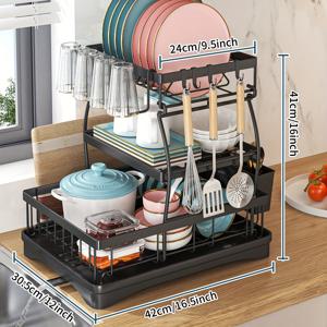 TEMU 3단 탄소강 접시 건조대, 16.5x9.5x12인치, 이중 층 건조, 배수판 및 식기 홀더가 있는 공간 절약형 주방 정리함, 가정 보관을 위한 모던한 조리대 액세서리|식기건조대|식기건조기