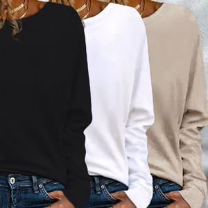 TEMU 3팩 여성 캐주얼 롱 슬리브 티셔츠 - 올 시즌을 위한 단색 컬러 폴리에스테르 라운드 넥 탑스