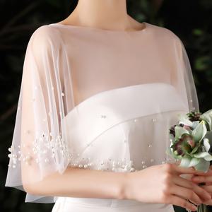 TEMU 1 우아한 진주 장식 신부 숄 - 시크한 화이트 툴 케이프와 시스루 소매, 폴리에스테르 & 스판덱스 혼방, 세탁 불가 - 신부 및 공식 행사용 이상적인 웨딩 액세서리