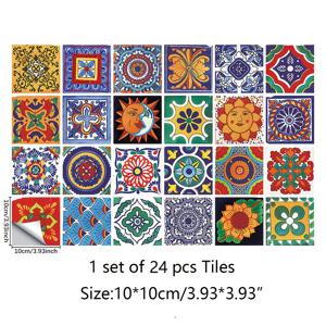 TEMU 24pcs 예술적인 꽃 타일 벽 스티커, 자체 접착 방수 PVC 벽지, 우주 주제 꽃 패턴, 사각형 모양, 수평 방향 주방 침실 실내 장식
