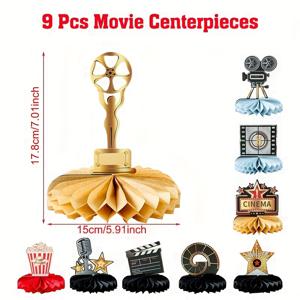 TEMU 9피스 영화 테마 벌집 장식 세트 - 영화 스타, 클래퍼보드, 오스카상 조각상 등이 있는 3D 종이 테이블 센터피스 - 영화 밤 파티 및 생일 축하, 영화관 장식에 이상적