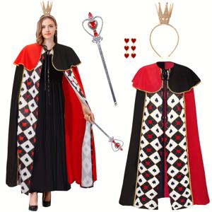 TEMU 4pcs 레드 하트 퀸 코스플레이 케이프 세트, 세페이터, 골든 크라운 헤드밴드, 하트 귀걸이 - 할로윈, 카니발, 마르디 그라스, 무대 공연, 사진 촬영, 데이 선물에 적합합니다.|귀걸이|머리띠|코스프레