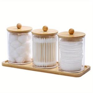 TEMU 3pcs 세트 10oz 스와브/볼/패드 홀더, 화장대, 투명 욕실 디스펜서 용기, 다기능 플립 탑 디자인, 나무 뚜껑, 플라스틱 재질, 가정 조직에 이상적