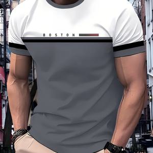 TEMU 남성용 캐주얼 보스턴 그래픽 티 - 반팔, 라운드 넥, 컬러 블록 폴리에스터 티셔츠, 3D 글자 프린트, 세탁기 사용 가능, 스트리트웨어 티셔츠|컬러 블록 셔츠|마이크로엘라스틱 소재