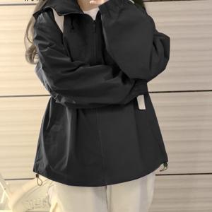 TEMU MIANZHI 여성용 경량 방풍 후드 재킷 - 보라색, 루즈핏 드로스트링 커프스, 지퍼 클로저, 긴 소매, 폴리에스터, 봄 & 가을 야외 활동에 완벽한 방풍 의류 | 재킷 | 안감 없는 내부