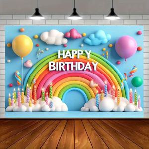 TEMU 무지개와 구름 생일 축하 배너 - 화려한 풍선과 촛불 테마, 폴리에스터 섬유 파티 장식 배경 천
