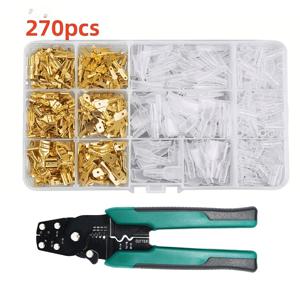 TEMU 270pcs ALMOCN 골든 버트 크리밍 터미널 키트, 플라이어 및 비도구 케이스 포함 - 2.8mm, 4.8mm, 6.3mm 남성 및 여성 커넥터, 자동차 스피커, 와이어 및 더 많은 것에 사용 - 내구성 있는 구리 합금, PVC 절연