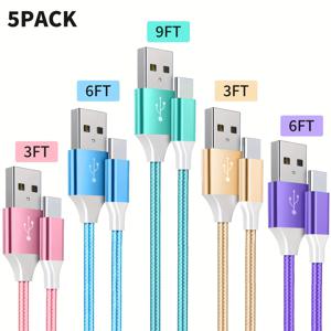 TEMU USB C 충전기 케이블, 3 팩 (3/3/6Ft)/5 팩 (3/3/6/6/9Ft) 빠른 충전 USB A에서 Type C 케이블 충전 브레이드드 코드, Iphone 16 15 Pro/Pro Max/Plus, Samsung S23 S22 A13 A12, Note 20, Huawei, Xiaomi 및 Android Type-C 스마트폰과 호환됩니다.