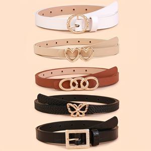 TEMU 5개 여성용 패션 벨트 슬림핏 조절 가능 골드톤 하트, 나비 & 스퀘어 버클 디자인 - 화이트, 베이지, 브라운, 블랙 청바지, 드레스, 파티 액세서리, 웨딩 액세서리, 내구성 있는 소재, 캐주얼 의상용 벨트