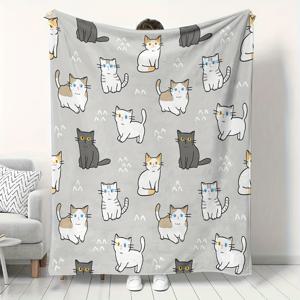 TEMU 편안한 고양이 프린트 플란넬 담요 - 부드럽고 따뜻하며 부드럽고 부드럽고, 가정, 주방, 소파, 캠핑에 이상적 | 기계 세척 가능한 폴리에스터, 올 시즌 편안함, 캠핑 담요 | 재미있는 고양이 디자인 | 기계 세척 가능한 커버, 고양이 팬 시크릿 선물