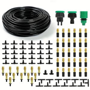 TEMU 98피트 야외 미스트 냉각 시스템, 1/4인치 황동 분무기 노즐 및 4/7mm 호스 포함 - 정원, 파티오 및 온실 관개용 블랙 플라스틱 커넥터