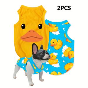 TEMU 2pcs 노란 오리 목욕 시간 프린트 강아지와 고양이용 - 개미, 손실, 절연, 통기성, 실내/실외 사용에 이상적, 폴리에스터, 귀여운 애완 동물 옷