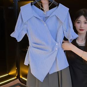 TEMU 우아한 파란색 줄무늬 블라우스 - 반팔, V넥, 하이웨이스트 디자인 여성용, 여름 외출, 여름 블라우스 | 반팔 칼라 셔츠 | 우아한 반팔 상의|블라우스|나시티|여름블라우스
