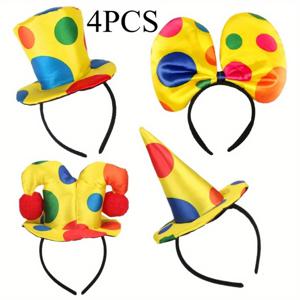 TEMU 4pcs 컬러풀한 클로우 헤드드레스 - 노란 점무늬 리본, 빨간색과 파란색 액센트가 있는 우아한 사이러스 모자, 메이크업, 파티 장식, 사이러스 공연에 완벽한 제품, 폴리에스터 섬유, 파티 헤드웨어 | 재미있는 디자인 | 폴리에스터 섬유 모자, 클로우 액세서리