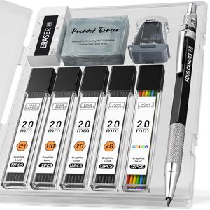 TEMU FourCandies1개/3개 2mm 기계식 연필 케이스 포함, 아티스트용 메탈 리드 홀더와 흑연 리필, 지우개, 샤프너, 드로잉 및 스케치용 드래프팅 펜슬