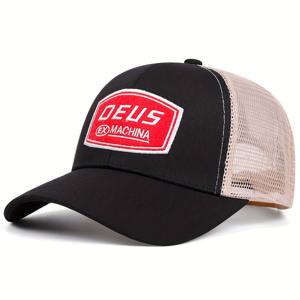 TEMU 조절 가능한 Deus Mesh 트럭커 모자 - 통기성, 햇빛 차단 기능, 자수된 문자, 야외 여행 및 낚시에 적합, 검정색/흰색/푸른색, 폴리에스터 소재, 야외용 모자|트럭커 모자|안전한 핏 모자
