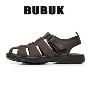 TEMU BUBUK 남성용 여름 샌들 - 두꺼운 밑창 야외 해변 신발, 조절 가능한 스트랩이 있는 진짜 가죽, 갈색, 편안하고 세련된 캐주얼 착용용 해변 신발