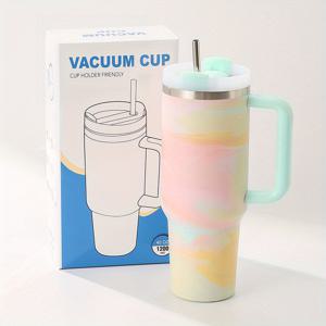 TEMU 42oz 스테인리스 스틸 보온 보냉 물병 뚜껑 & 빨대 포함 – 파스텔 대리석 디자인, 흰색 패턴, 연한 파랑 & 핑크 손잡이 – 캠핑, 하이킹, 여행용 휴대성 및 내구성 – 완벽한 선물 아이디어, 캠핑 액세서리|트래블보틀