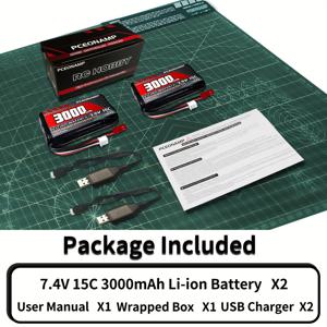 TEMU JST 플러그가 있는 3000mAh 2S 7.4V 리튬 이온 배터리, 충전식 고용량 RC 자동차 트럭 RC 굴삭기 및 RC 보트에 적합한 2개의 USB 충전 케이블 포함