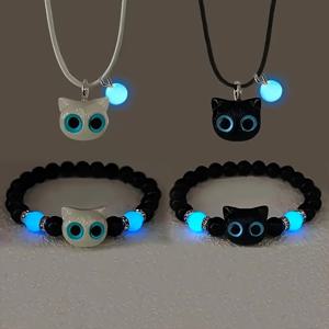 TEMU 빈티지 고양이 매력 비즈 팔찌 및 목걸이 세트, 4개, 수지 및 유리, 도금 없음, 조절 가능한 어둠 속에서 빛나는 보석, 파티 및 선물 제공에 완벽, 모든 계절 액세서리, 크리스마스 및 할로윈에 이상적