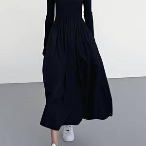 TEMU 다이링 여성용 캐주얼 롱 슬리브 A라인 드레스 - 세련된 블랙 컬러, 러치 디테일, 라운드 넥, 포켓 - 파티와 생일을 위한 완벽한 선물, 생일 선물|러치 디테일 드레스|직물 드레스