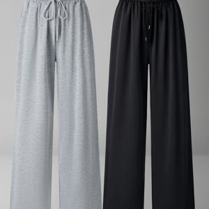 TEMU 여성용 2pcs 드로스트링 와이드 레그 팬츠 - 부드러운 소재, 캐주얼 스타일, 단색, 여유로운 핏, 봄/여름용, 성인 여성 의류|캐주얼 와이드 레그 팬츠|부드러운 소재 팬츠|냉장고바지|바지|여름바지