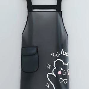TEMU 여성용 귀여운 만화 프린트 민소매 PVC 앞치마 - 투명, 통기성, 세탁 불가 주방 및 살롱 커버업, 귀여운 캐릭터가 있는 세련된 검은색과 흰색 디자인, 살롱 커버업|즐거운 디자인|스트레치 가능한 소재
