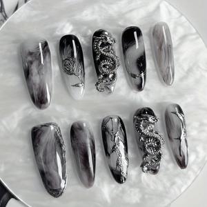 TEMU 10pcs 손수 제작된 고급 드래곤 착용 가능한 네일, 아몬드 모양 그라데이션 꽃 디자인, 분리 가능한 블랙 및 그레이 시리즈, 진주 빛 마감, 중간 길이, 세련된 모양을 위한 네일, 네일 아트 액세서리