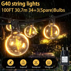 TEMU XBATE /60/40/30/20FT G40 스트링 라이트, 모든 날씨에 내구성이 뛰어난 LED 빈티지 에디슨 전구가 있는 플러그인 전원 공급 장치 파티오 라이트, 외부 G40 행거 라이트, 포르치, 캠핑, 비스트로, 가제보, 확장 가능, 안전하고 터치 가능한 24V 저전압을 위한 연결 가능한 야외 라이트 스트링|캠핑용품