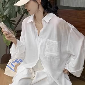 TEMU 여성용 가벼운 프랑스 영감을 받은 긴팔 블라우스 - 통기성이 좋은 단색 셔츠, 가슴 포켓, 봄/여름용 루즈핏, 캐주얼 시크 스타일, 봄 여름 의류 | 시크 캐주얼 스타일 | 버튼다운 셔츠